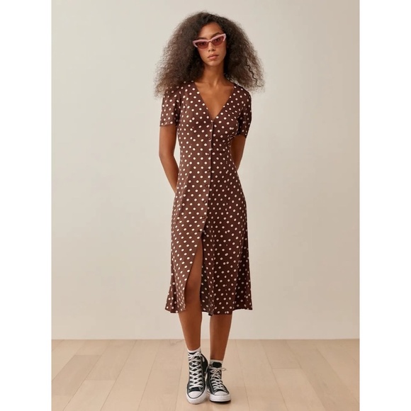 Reformation Dresses & Skirts - REFORMATION Locklin Dress Brown White Polka Dot Midi Au Lait Chocolate Dress 2